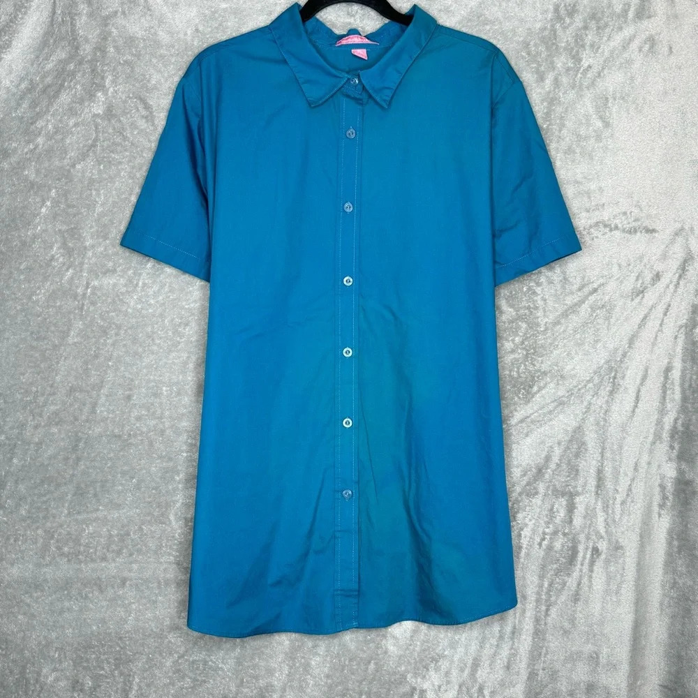 Woman Within 2X Shirt Top Teal Blue Solid Button Up Short Sleeve Collared Cotton
